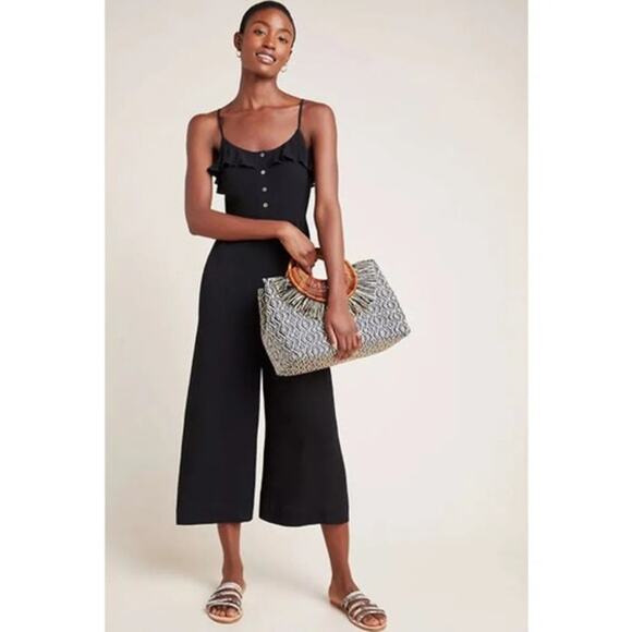 Kachel x Anthropologie Black Ruffled Cropped Wide Leg Jumpsuit Size 6 - Picture 1 of 13